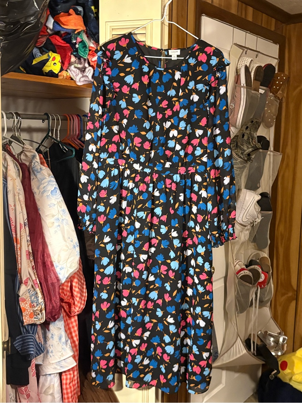 J. Crew Black Dress with Blue, Pink & White Floral Accents
